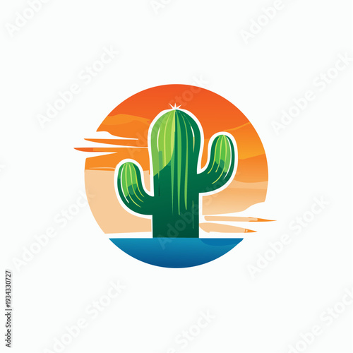 Vector cactus plant with flower in desert ecology landscape illustration at sunset viewpoint