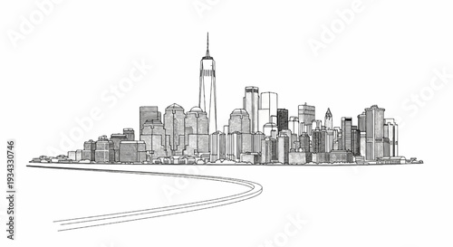 Artistic sketch of a city skyline with a curving road in the foreground