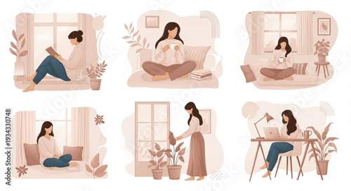 Woman enjoying quiet moments at home with plants and books in various relaxing poses and activities