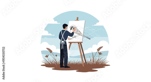 Artist painting bird on canvas outdoors, creative hobby, nature landscape illustration