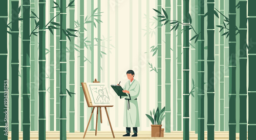 Artist Painting Bamboo Forest Scene, Japanese Man in Kimono, Serene Nature