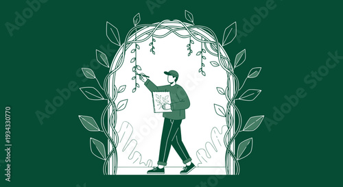 Artist painting botanical illustration in garden archway with leaves