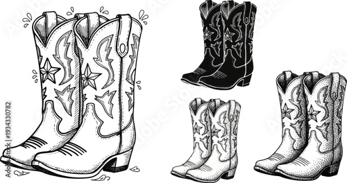 Assortment of cowboy boots drawn in various styles and shading