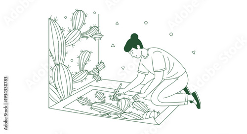 Artist Painting Cactus Illustrations on Paper, Creative Hobby