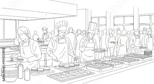 Chefs prepare and serve food at a buffet with diners waiting