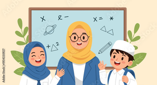 Diverse students and teacher standing in front of a chalkboard with mathematical equations.