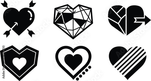 Flat vector heart icon set six black geometric striped outlined hearts close up top view simple glyphs for user interface monochrome minimal clean scalable valentines day