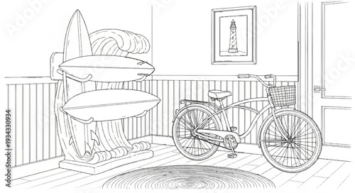 Coastal scene with surfboards, bicycle with basket, and lighthouse painting