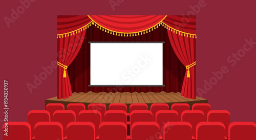 Empty theater stage with red curtains and seats.