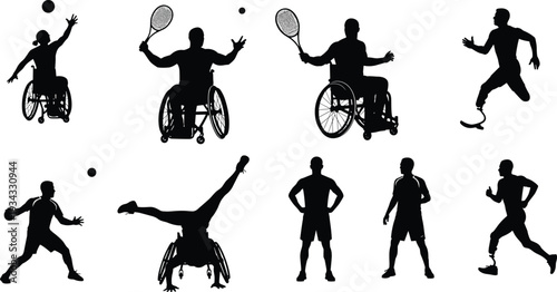 Set of para-athlete silhouettes with disabled sports players including wheelchair tennis, running with prosthetics, and handstands isolated on white, cad drawing flat vector illustration