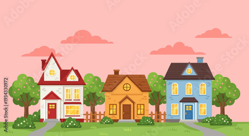 Colorful cartoon houses in a suburban neighborhood with trees and fences.