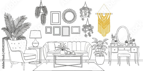 Cozy living room with plants, sofa, armchair, vanity, and wall art