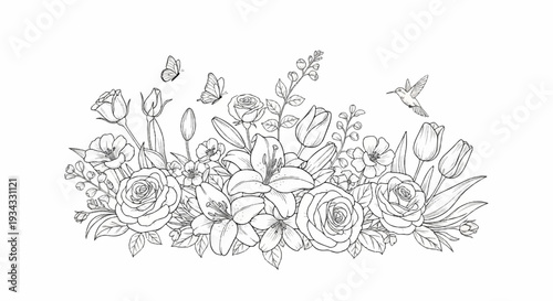 Delicate line drawing of a floral arrangement with birds and butterflies