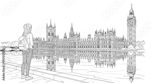 London city skyline line art illustration featuring Big Ben and Houses of Parliament with a female tourist looking at river.