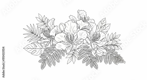 Delicate line art of a tropical floral arrangement with large blooms and ferns