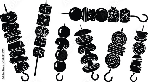Silhouette vector close up assorted skewers with meat vegetables mushrooms olives cheese and spiral rolls on skewers top view high contrast bold graphic minimalist monochrome food