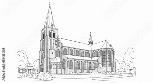 Detailed pen and ink sketch of a Gothic-style church with a tall spire and surrounding trees