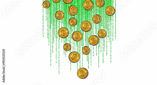 Digital currency coins fall through cascading binary code patterns