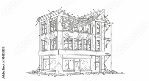 Dilapidated building with broken windows, burning flames, and destroyed roof