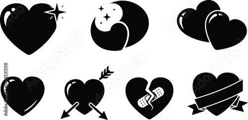 Minimal black heart icon set close up flat vector hearts arranged in two rows glossy highlights broken heart with bandage arrow through heart ribbon banner silhouette