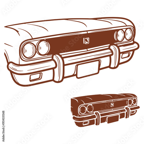 Retro Car Front End Illustration in Brown with Detailed Outlines and Vintage Automotive Design Elements Showcase