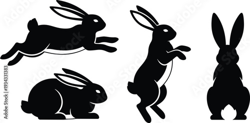 Minimal silhouette rabbit icon set four poses side view leaping sitting standing rear view studio isolated black shapes vector flat graphic simple bold clean outline easter