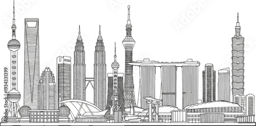 Diverse city skyline showcasing iconic modern architectural structures in a monochrome sketch