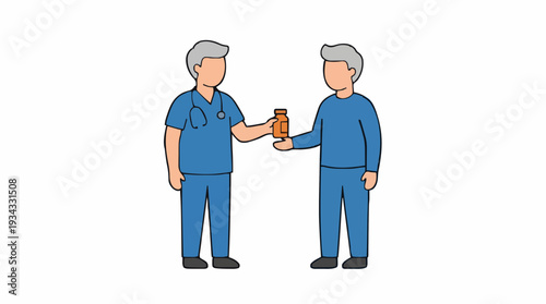 Doctor Gives Medication To Patient In Blue Uniforms With Stethoscope On White Background During Consultation