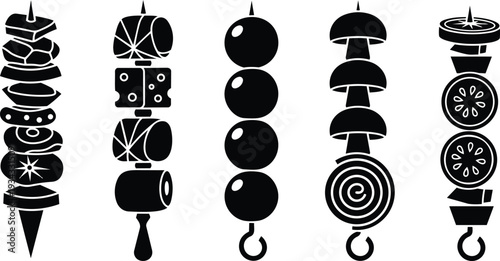 Silhouette vector close up kebab skewers five vertical icons showing assorted grilled vegetables meat cheese and round kebab shapes studio white background high contrast simple bold