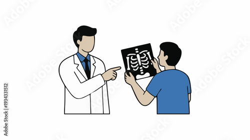 Doctor Shows Patient X-ray Image of Skeleton Examining Medical Scan with Both Individuals in Lab Coats Standing Against a White Background Discussing Health Concerns