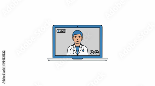 Male Doctor in White Lab Coat Appears on Laptop Screen Via Video Call with Live Icon Visible on a White Background