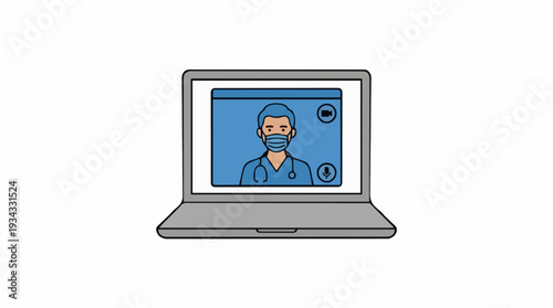 Laptop screen displays doctor wearing face mask and stethoscope during virtual consultation medical advice telemedicine healthcare concept digital communication