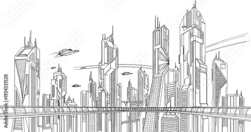 Futuristic city skyline with flying vehicles and elevated pathways