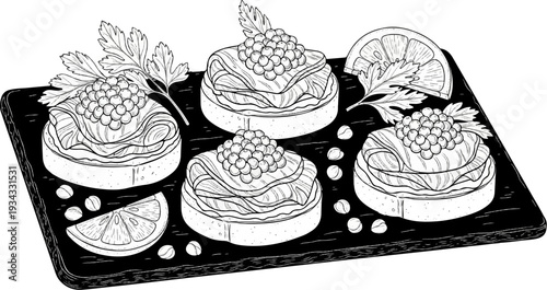 Four layered canapés with caviar, herbs, and citrus slices on a dark platter