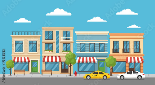Colorful cartoon illustration of a vibrant city street with shops and vehicles.