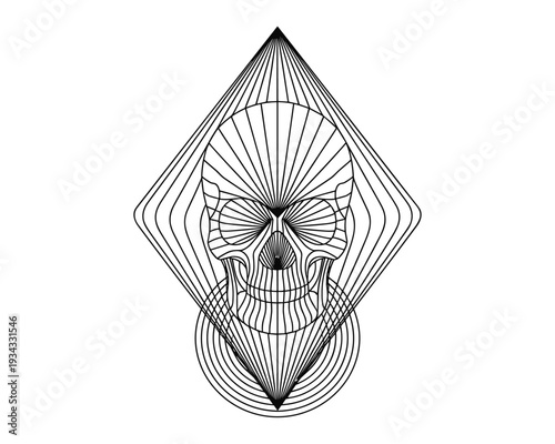 Abstract geometric line art illustration of a human skull within a rhombus and circle shape