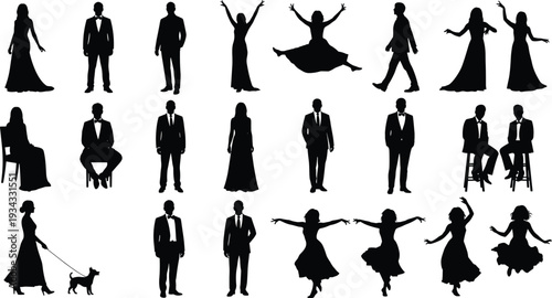 People, Silhouettes, Business, Formal, Dance, Woman, Man, Elegant, Standing, Sitting, Walking, Isolated, Black, Vector, Illustration, Graphic, Design, Collection, Character, Lifestyle