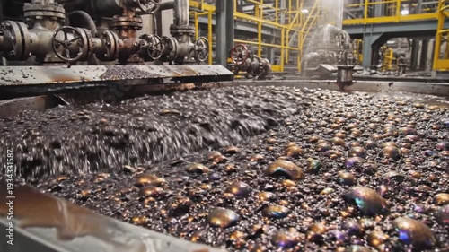 Industrial process showing a large vat of dark, bubbly liquid being agitated in a factory setting.