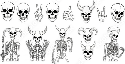 Illustrated gothic skulls and skeletons with horns and gestures