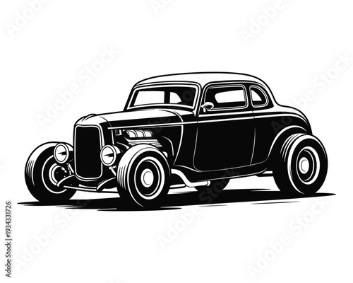 Classic hot rod coupe automobile in a stylized black and white illustration isolated on transparent background