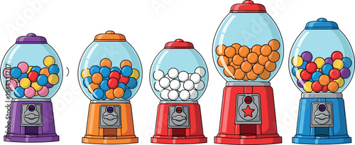 Colorful gumball vending machine collection with candy balls bubble gum dispensers retro sweet snack machines vector illustration set isolated on white