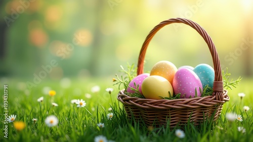 easter basket filled with painted eggs on green grass spring outdoor festive scene concept of greeting cards, retail marketing, seasonal promotion