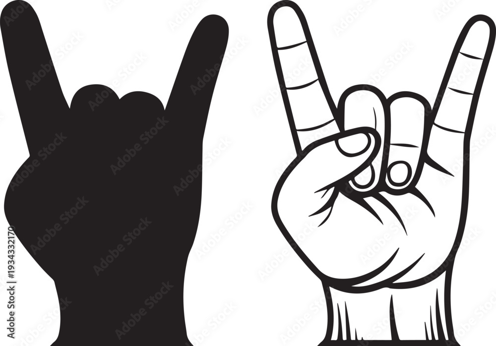 Obraz premium Rock Hand Sign SVG – Heavy Metal Horns Gesture Silhouette Clipart, Rock n Roll Symbol PNG .