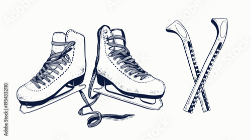 A pair of  figure Ice skates . Vector hand drawn illustration. Perfect for winter sports theme, poster design, cozy seasonal artwork. Vintage sketch style