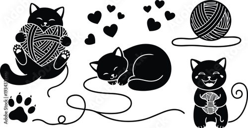 Silhouette vector close up playful black cats holding yarn balls sleeping cat with scattered hearts paw print and looping yarn on white background flat studio