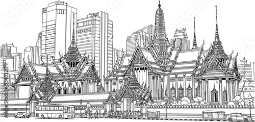 Bangkok city skyline line art illustration featuring traditional Thai grand palace architecture with modern skyscrapers in a minimalist black white background.