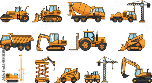 Construction machinery and heavy equipment set including excavator, bulldozer, dump truck, crane, forklift and loader for building, mining and industrial engineering projects