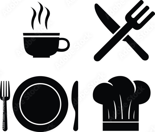set of kitchen utensils, Food icons set, plate, fork, knife and spoon, set logotype menu, cutlery icon, tableware sign, catering icons, restaurant signs