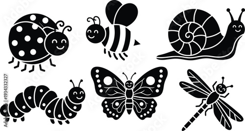 Cute black insect icons set close up smiling ladybug bee snail caterpillar butterfly dragonfly simple flat silhouette on white background top view playful vector style cartoon