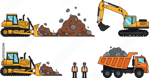Construction machinery vector set featuring bulldozer excavator dump truck and workers moving soil and rocks for road building mining earthmoving and heavy equipment industry